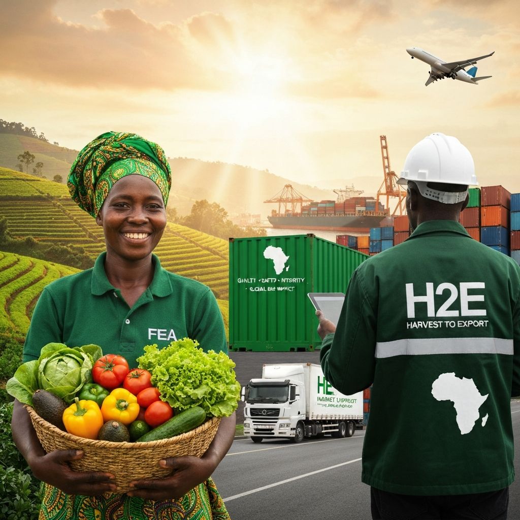 African farmer with fresh produce, alongside trucks and cargo ships